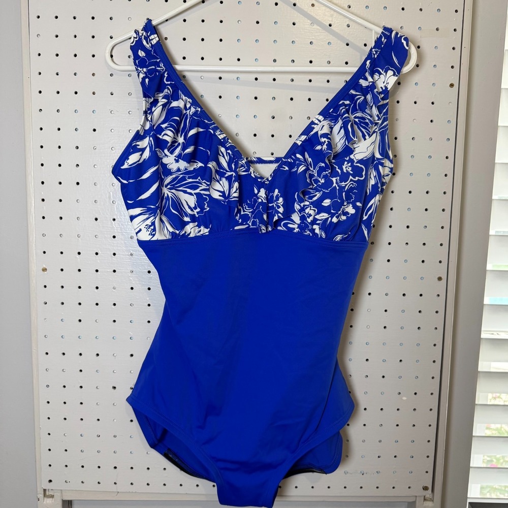 Gabar One-Piece Swimwear Women's Size 12 Blue White Floral V-Neck Padded Cups